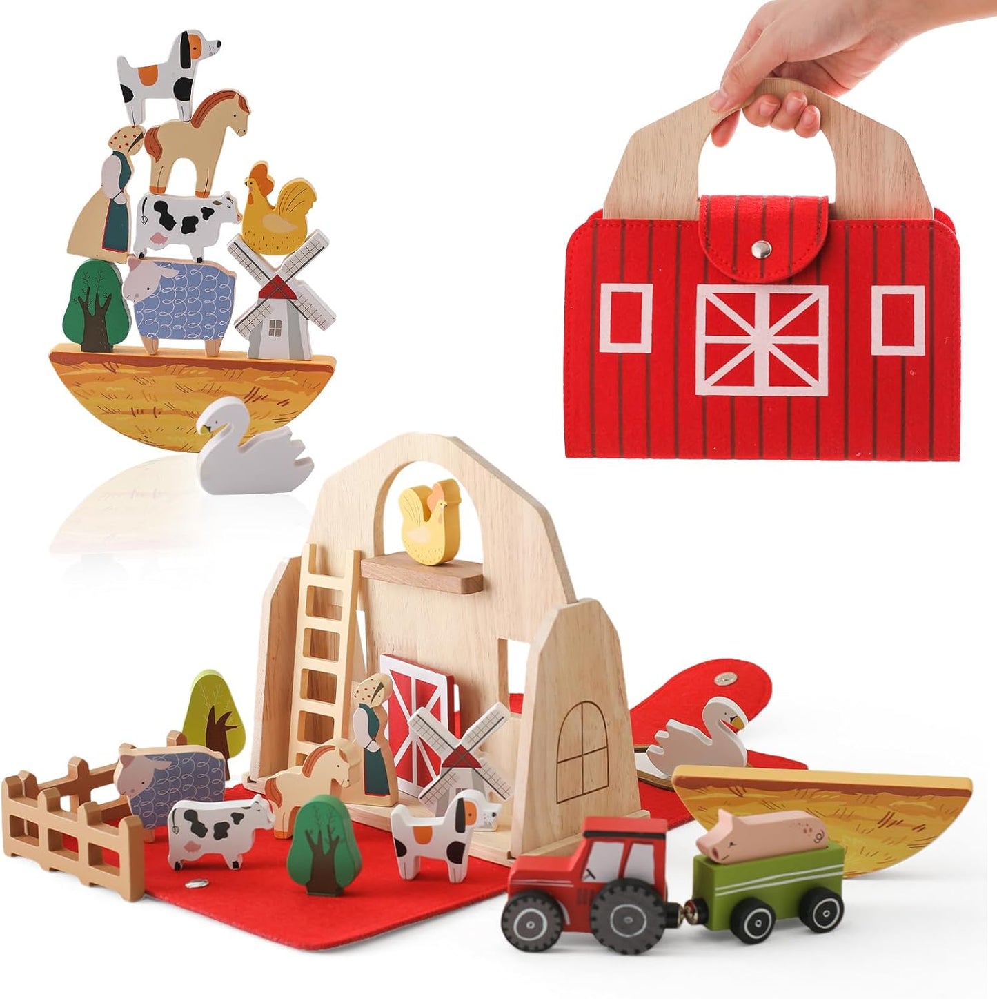 Wooden Barn Farm Animal Toys for Kids 3-5, Red Barn Montessori Toys, Portable Set for 3-5 Year Olds