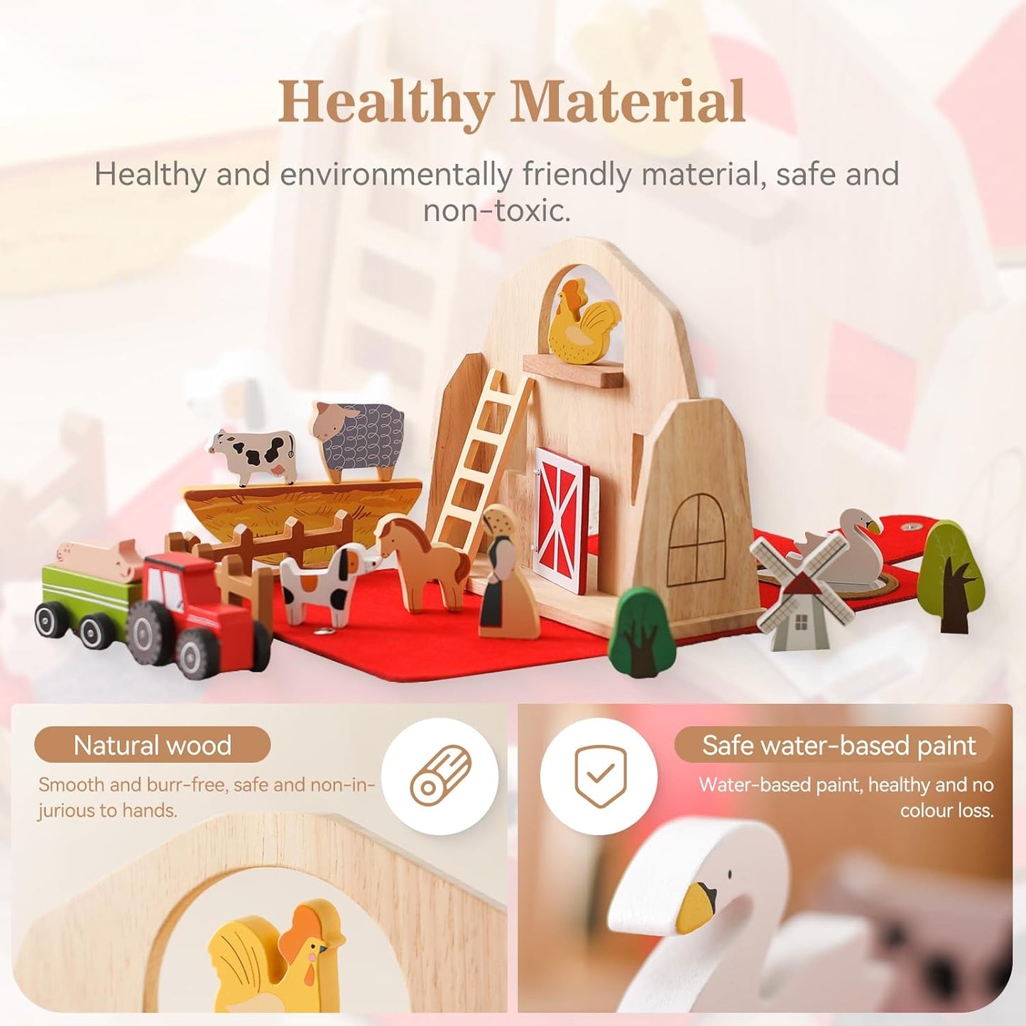 Wooden Barn Farm Animal Toys for Kids 3-5, Red Barn Montessori Toys, Portable Set for 3-5 Year Olds