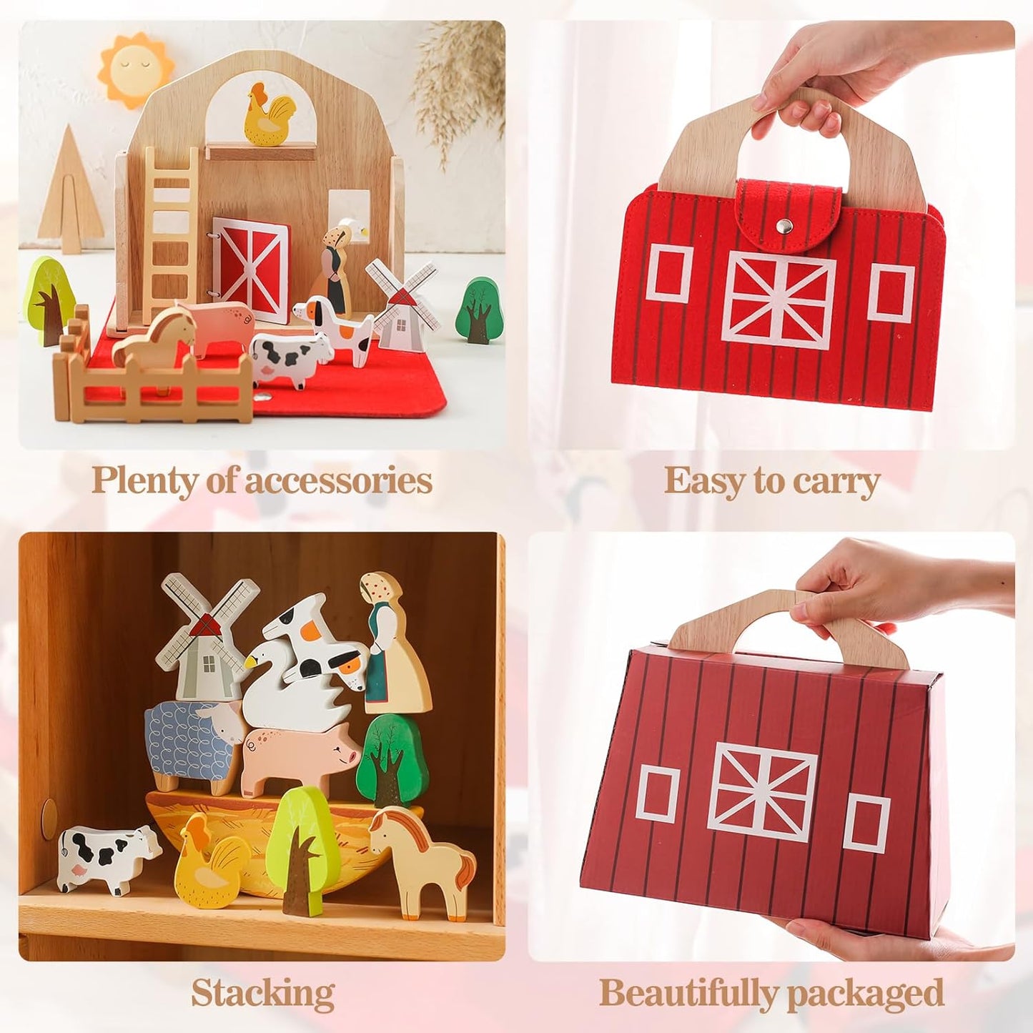Wooden Barn Farm Animal Toys for Kids 3-5, Red Barn Montessori Toys, Portable Set for 3-5 Year Olds
