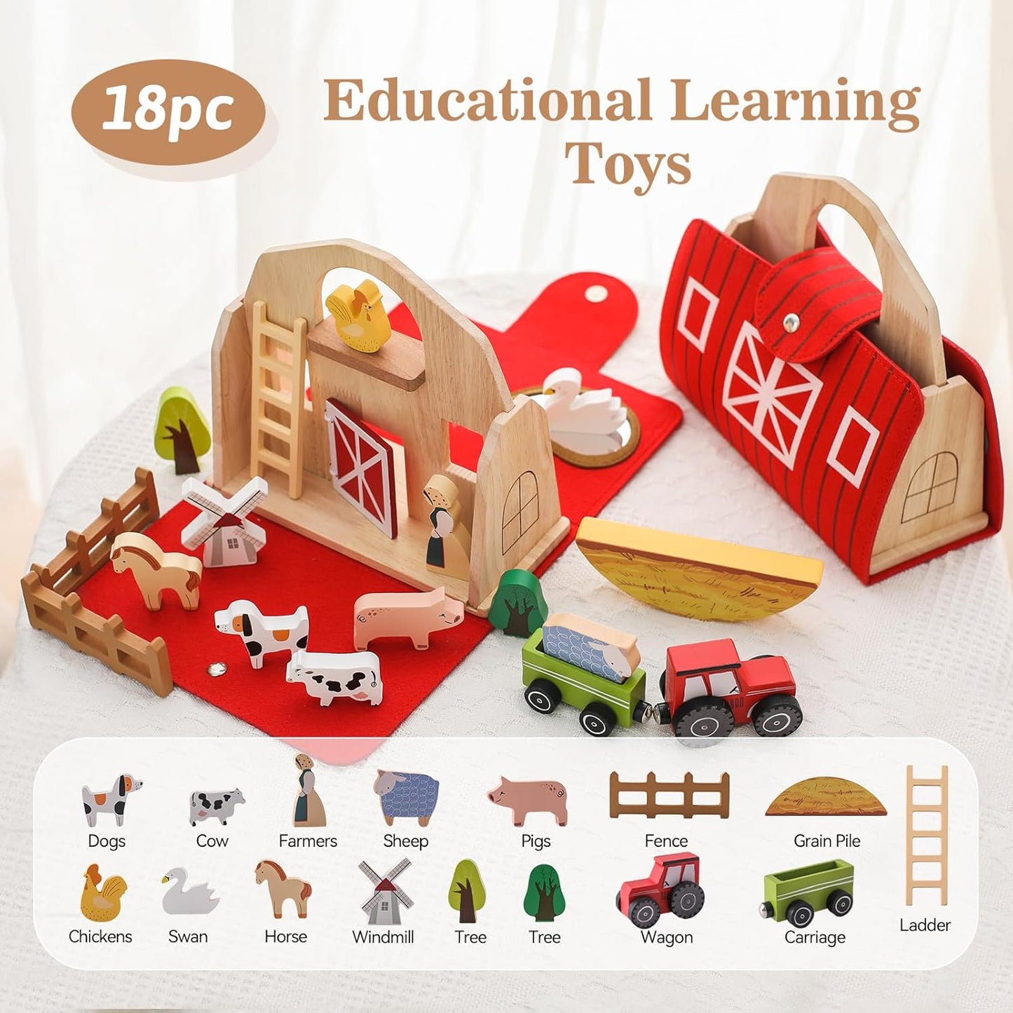 Wooden Barn Farm Animal Toys for Kids 3-5, Red Barn Montessori Toys, Portable Set for 3-5 Year Olds