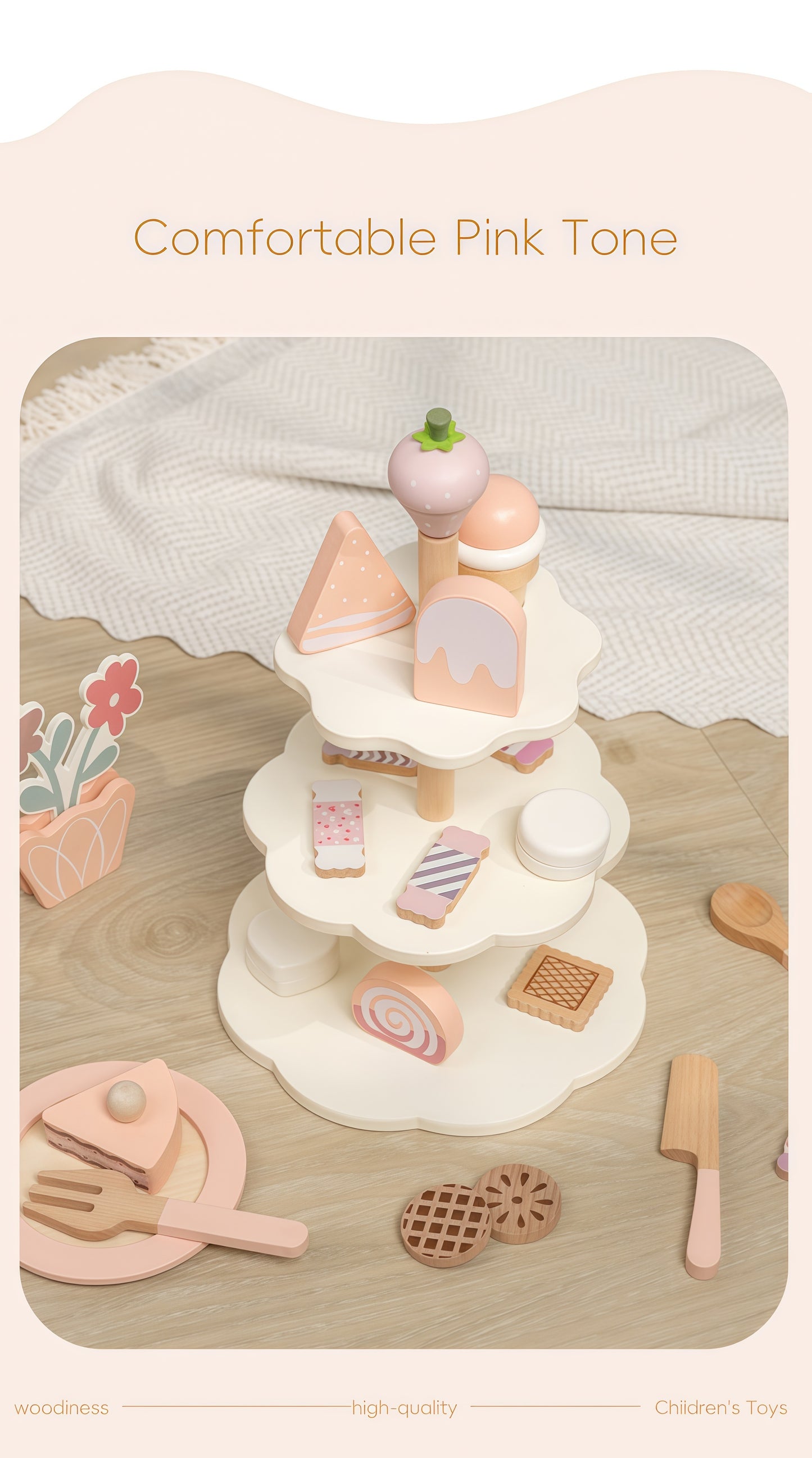 Wooden Cake Toys Tea Party Set, Desserts Food Toy with Cupcake Stand