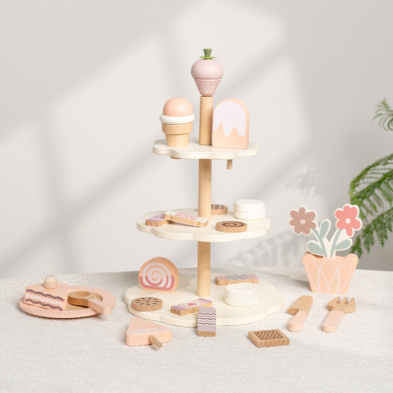 Wooden Cake Toys Tea Party Set, Desserts Food Toy with Cupcake Stand