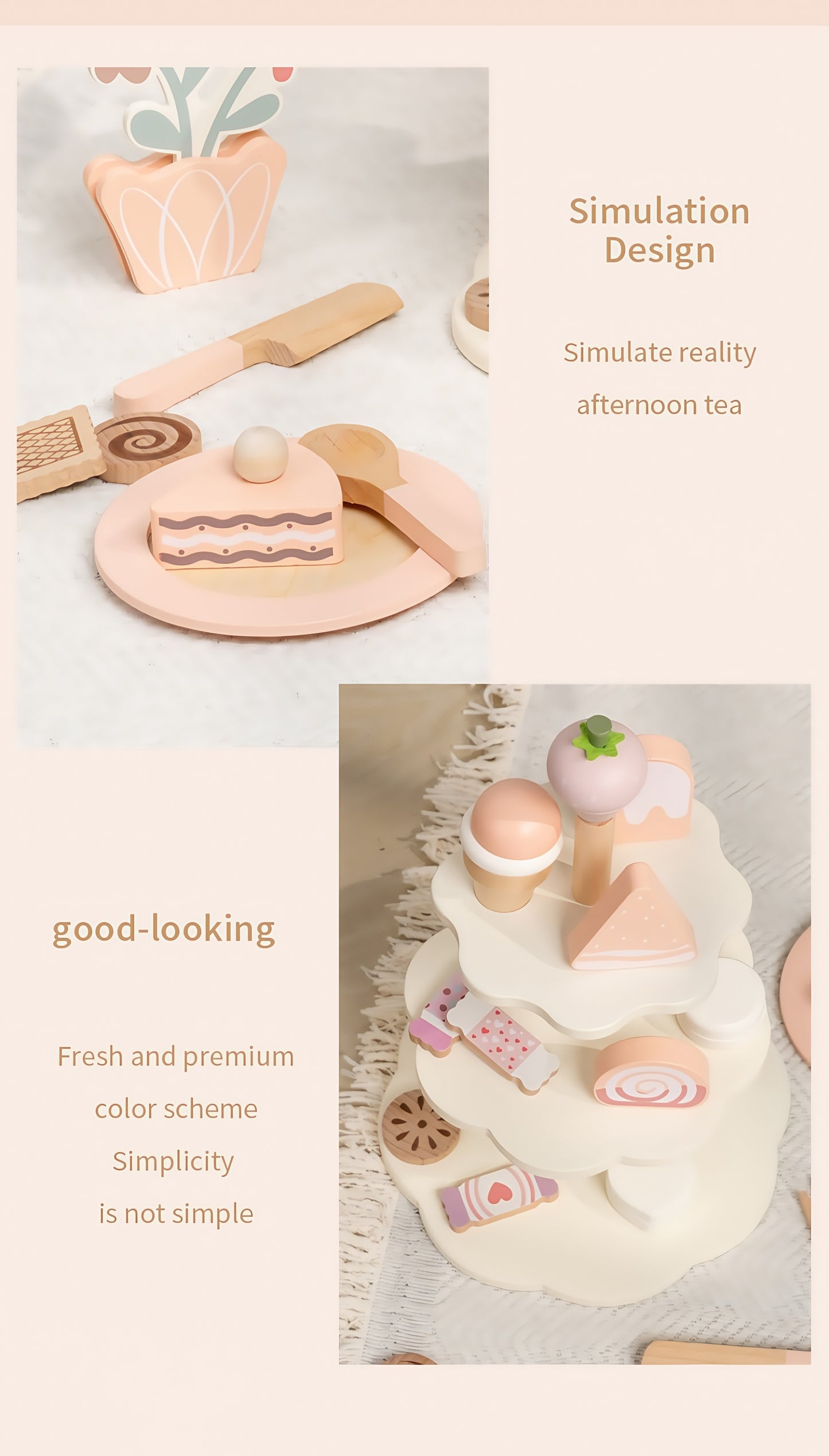 Wooden Cake Toys Tea Party Set, Desserts Food Toy with Cupcake Stand