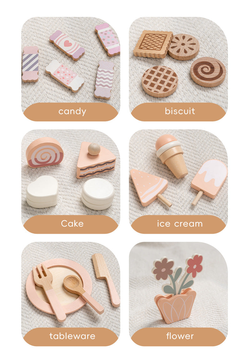 Wooden Cake Toys Tea Party Set, Desserts Food Toy with Cupcake Stand