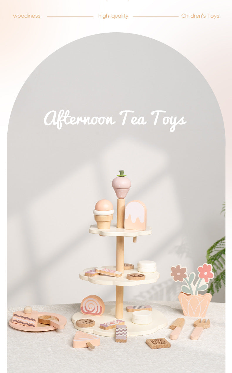 Wooden Cake Toys Tea Party Set, Desserts Food Toy with Cupcake Stand