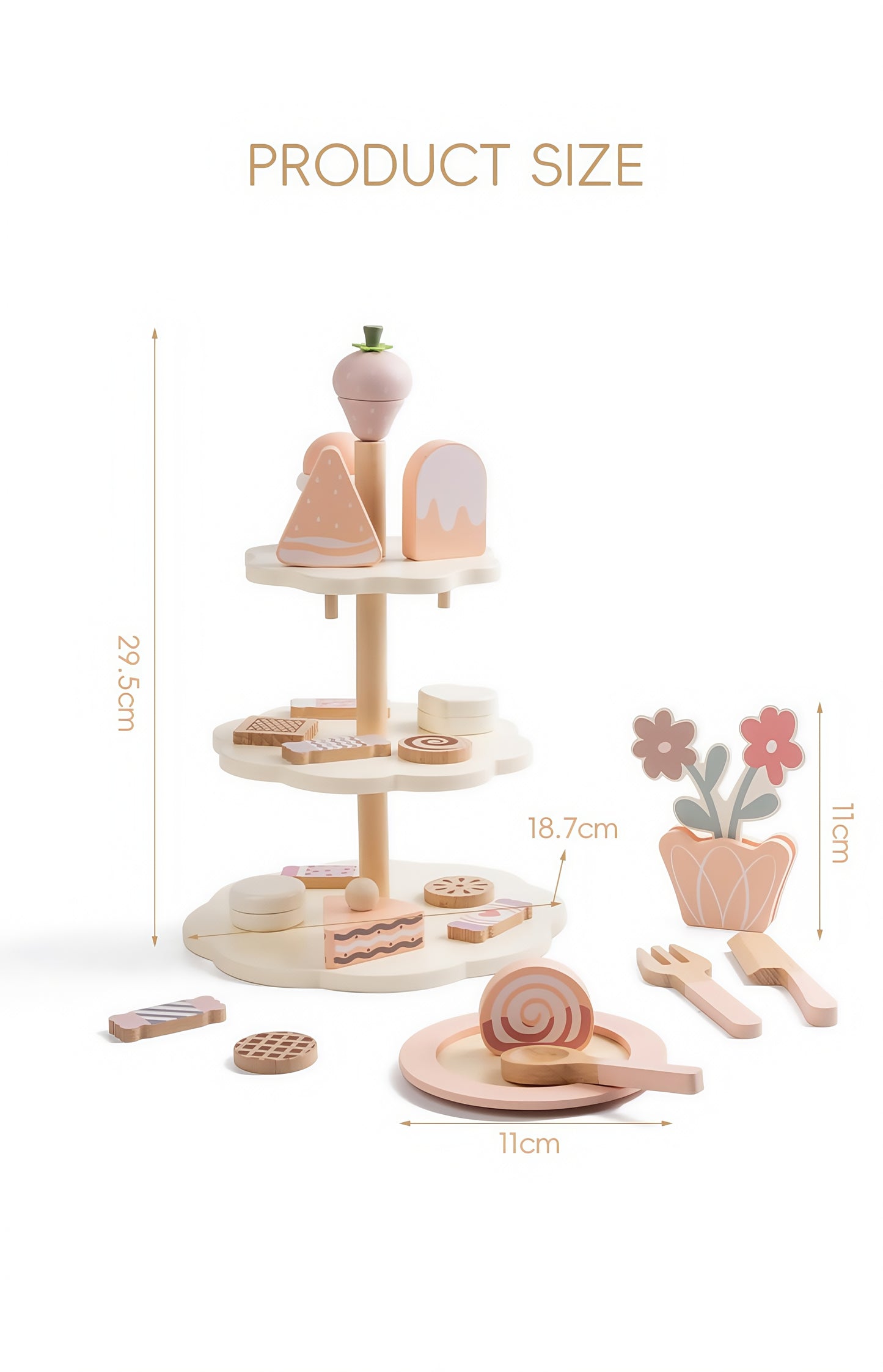 Wooden Cake Toys Tea Party Set, Desserts Food Toy with Cupcake Stand