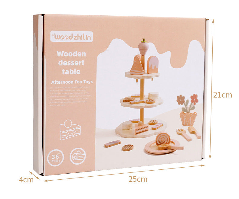 Wooden Cake Toys Tea Party Set, Desserts Food Toy with Cupcake Stand