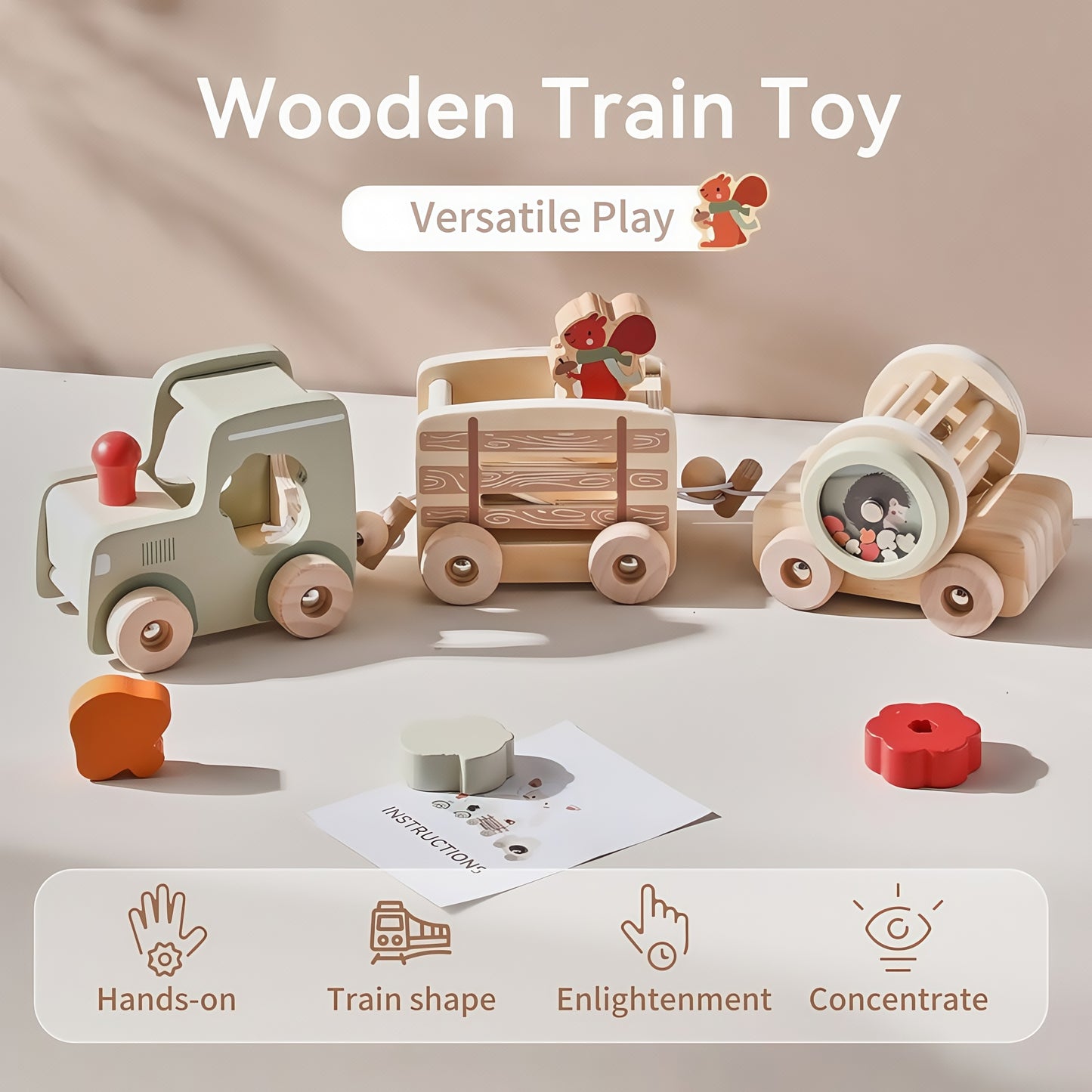 Toddlers Train Set Wooden Animal Train Toys with Shape Matching & Wooden Rattles Baby Vehicle Toy