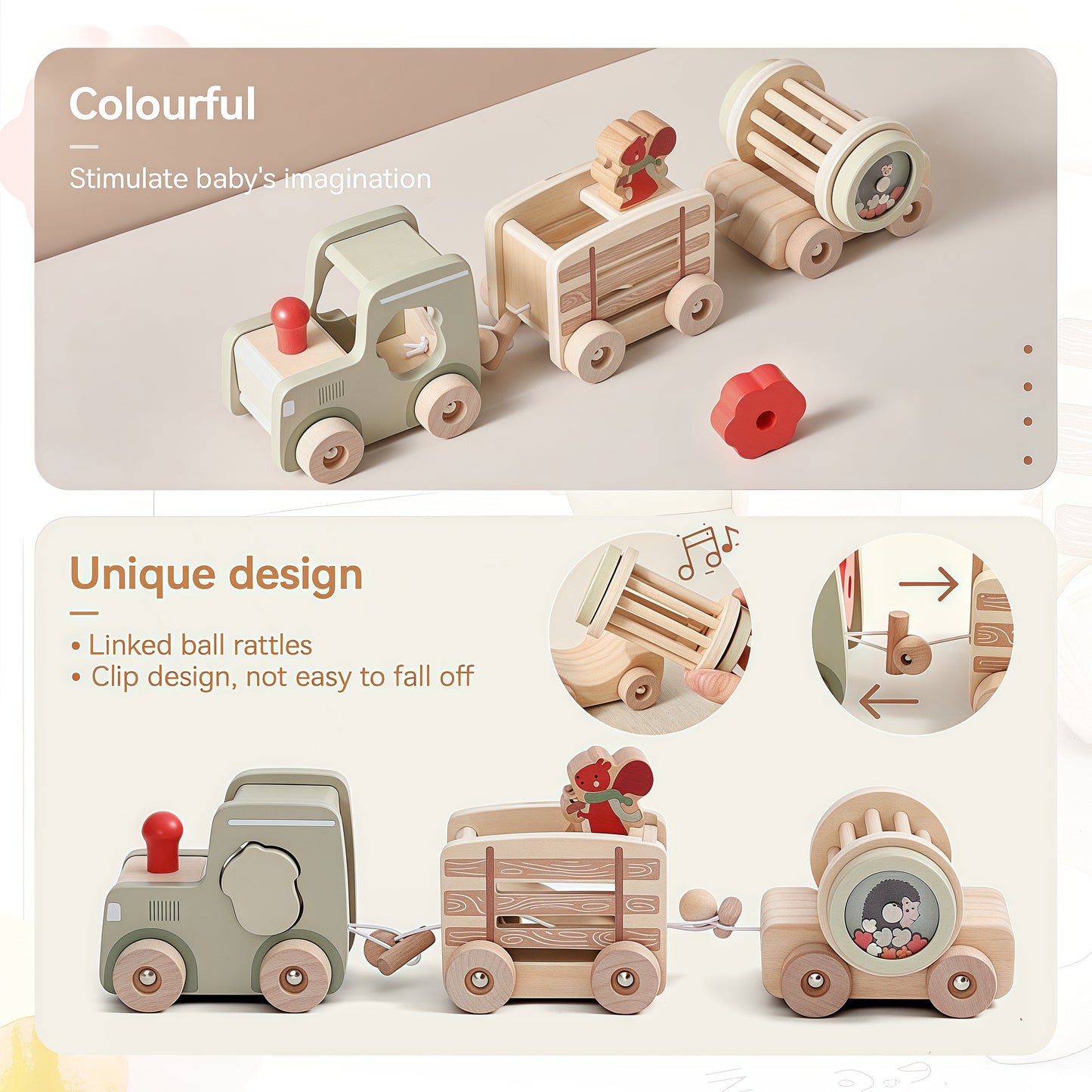 Toddlers Train Set Wooden Animal Train Toys with Shape Matching & Wooden Rattles Baby Vehicle Toy