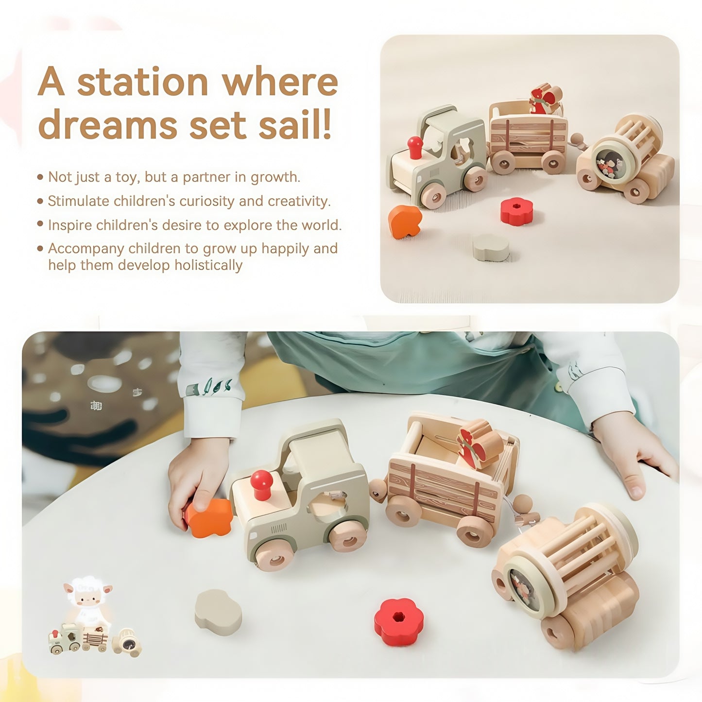 Toddlers Train Set Wooden Animal Train Toys with Shape Matching & Wooden Rattles Baby Vehicle Toy
