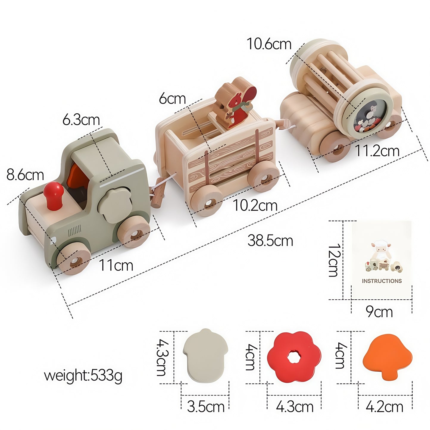 Toddlers Train Set Wooden Animal Train Toys with Shape Matching & Wooden Rattles Baby Vehicle Toy