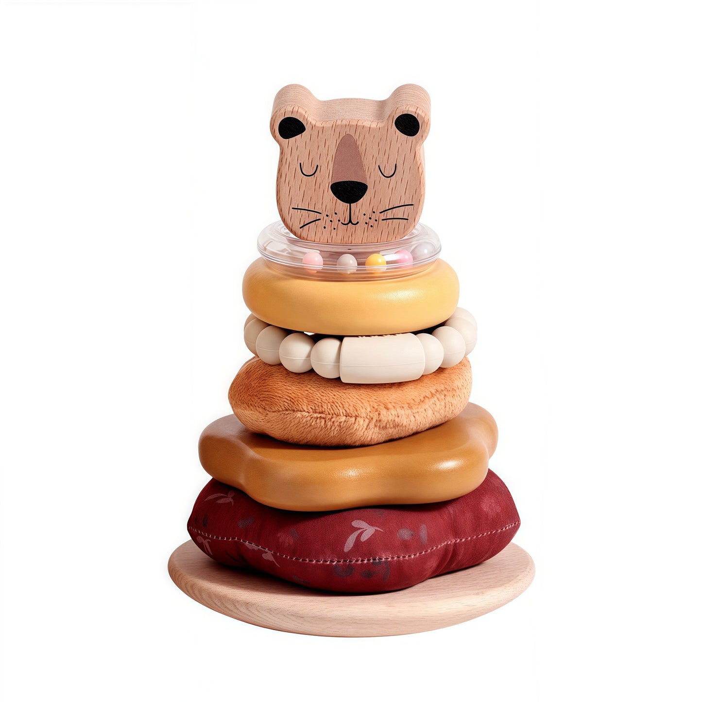 Baby Stacking Rings Toy, 8-Layer Lion Wooden & Plush Stacker, Silicone Teether Bracelet
