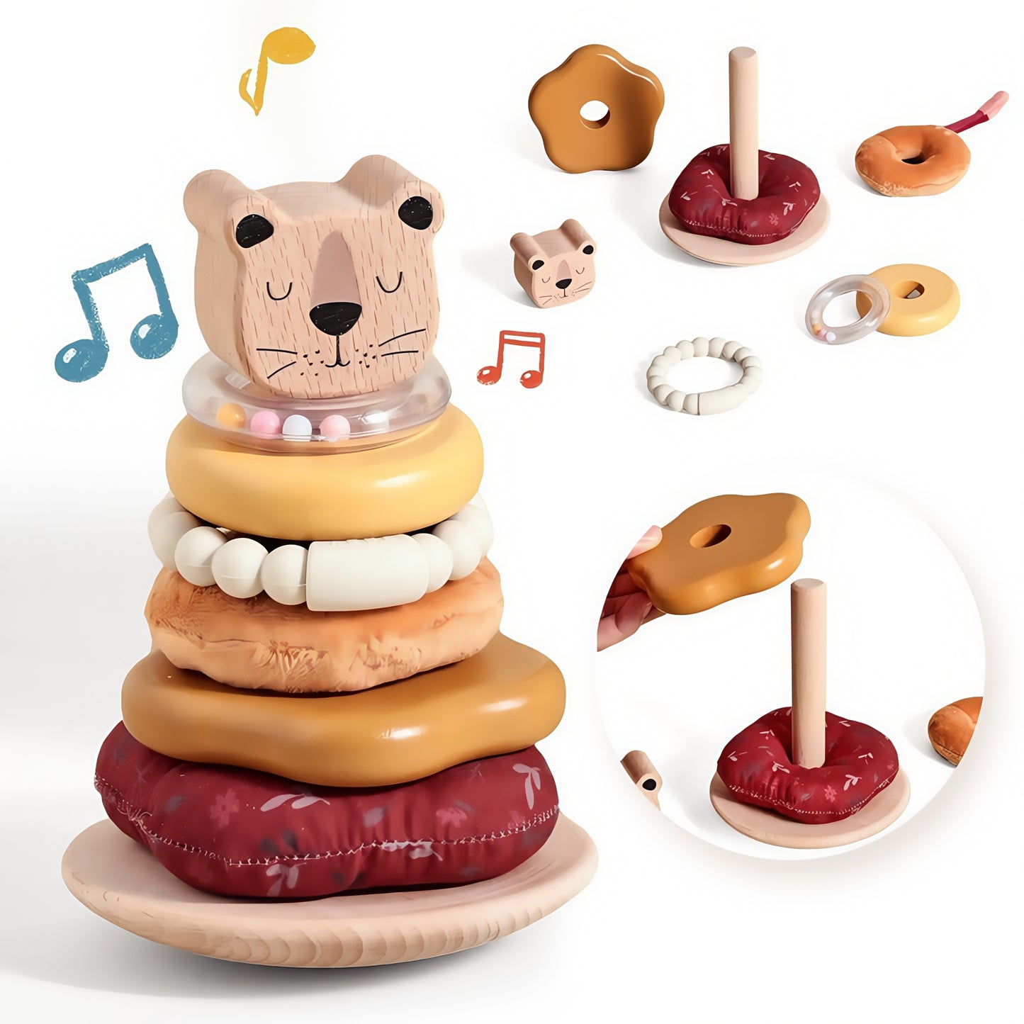 Baby Stacking Rings Toy, 8-Layer Lion Wooden & Plush Stacker, Silicone Teether Bracelet