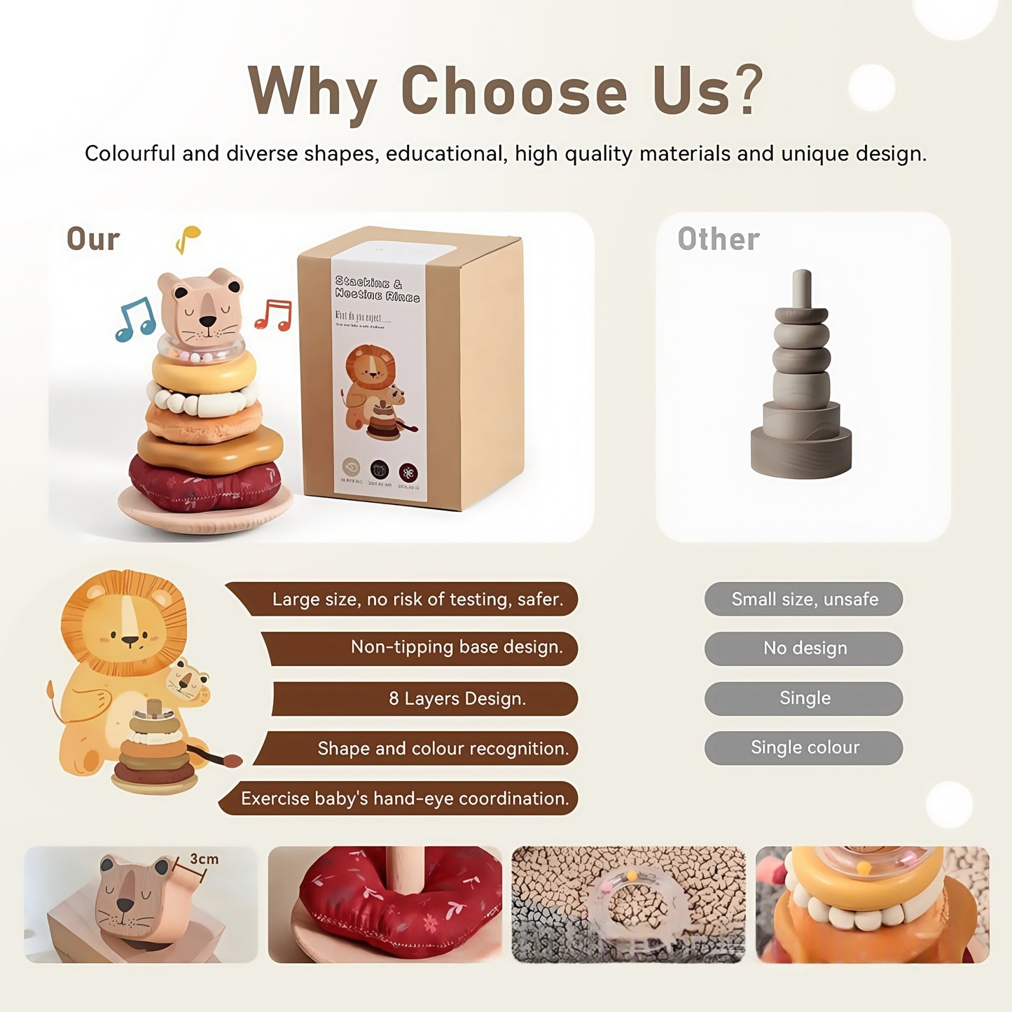 Baby Stacking Rings Toy, 8-Layer Lion Wooden & Plush Stacker, Silicone Teether Bracelet