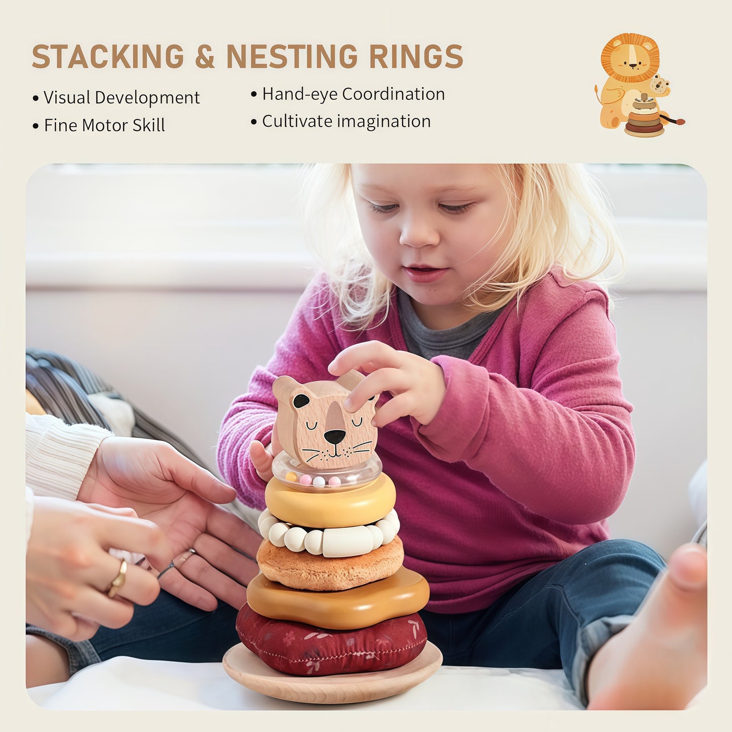 Baby Stacking Rings Toy, 8-Layer Lion Wooden & Plush Stacker, Silicone Teether Bracelet