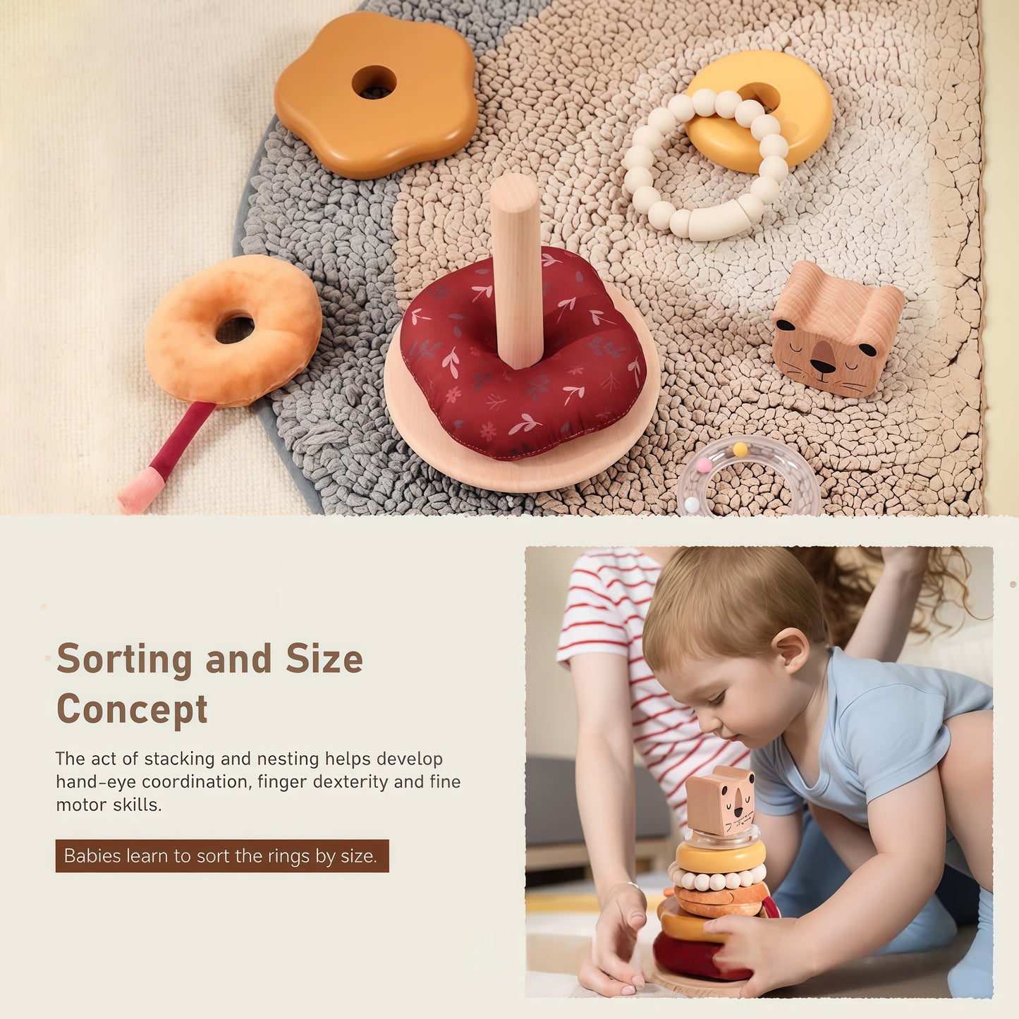 Baby Stacking Rings Toy, 8-Layer Lion Wooden & Plush Stacker, Silicone Teether Bracelet
