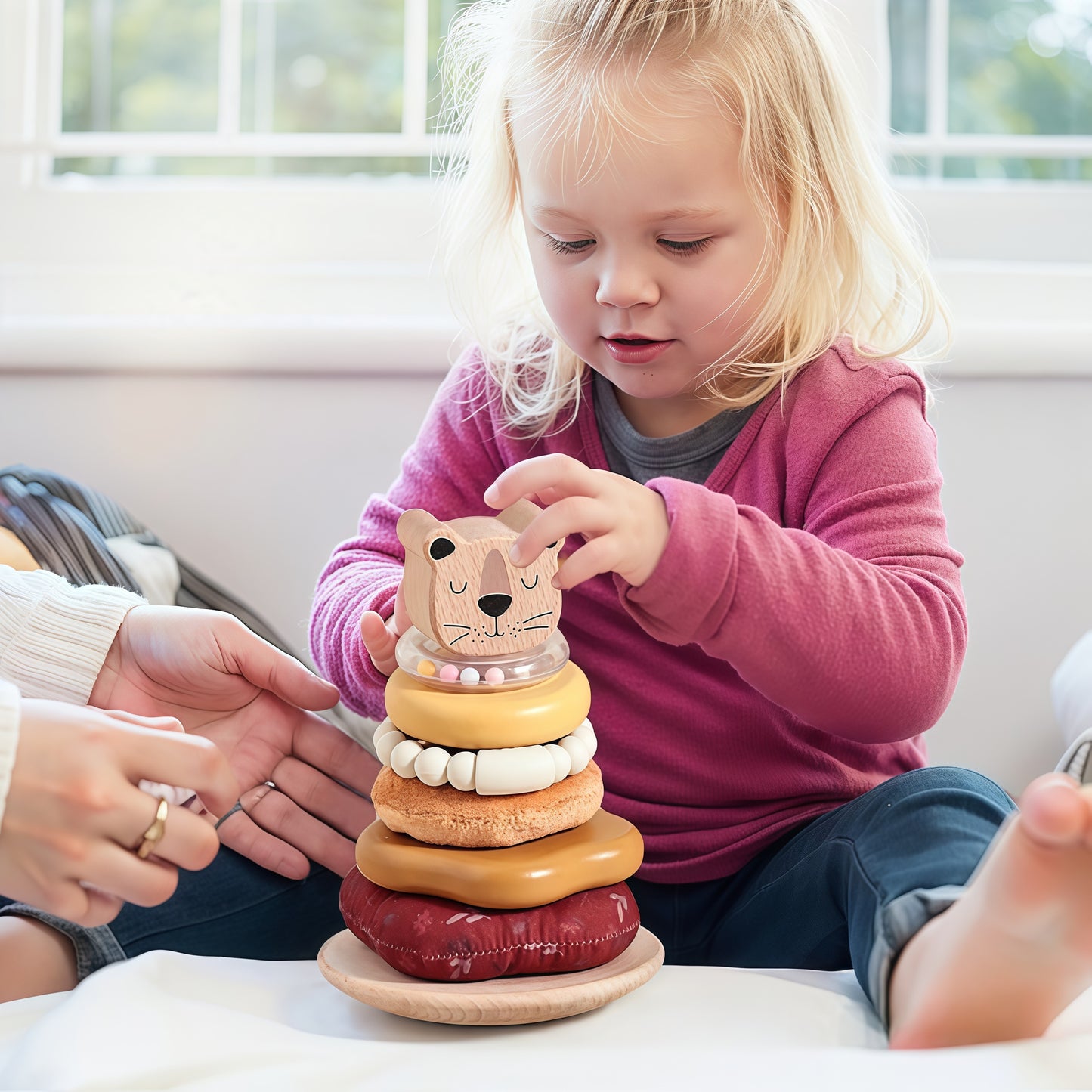 Baby Stacking Rings Toy, 8-Layer Lion Wooden & Plush Stacker, Silicone Teether Bracelet