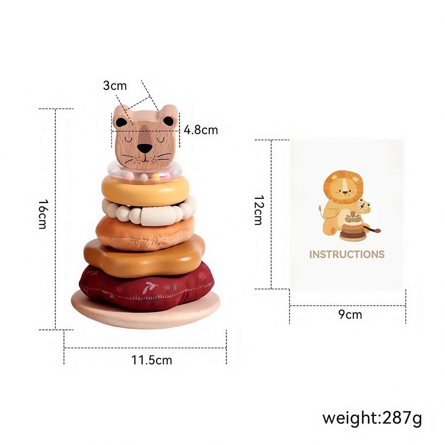 Baby Stacking Rings Toy, 8-Layer Lion Wooden & Plush Stacker, Silicone Teether Bracelet