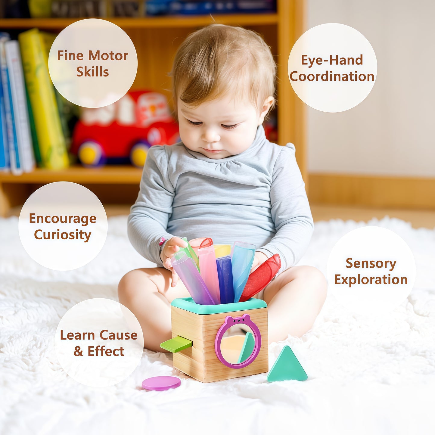 Wooden Baby Tissue Box Toy - 3 Shape Blocks & 8 Silk Paper