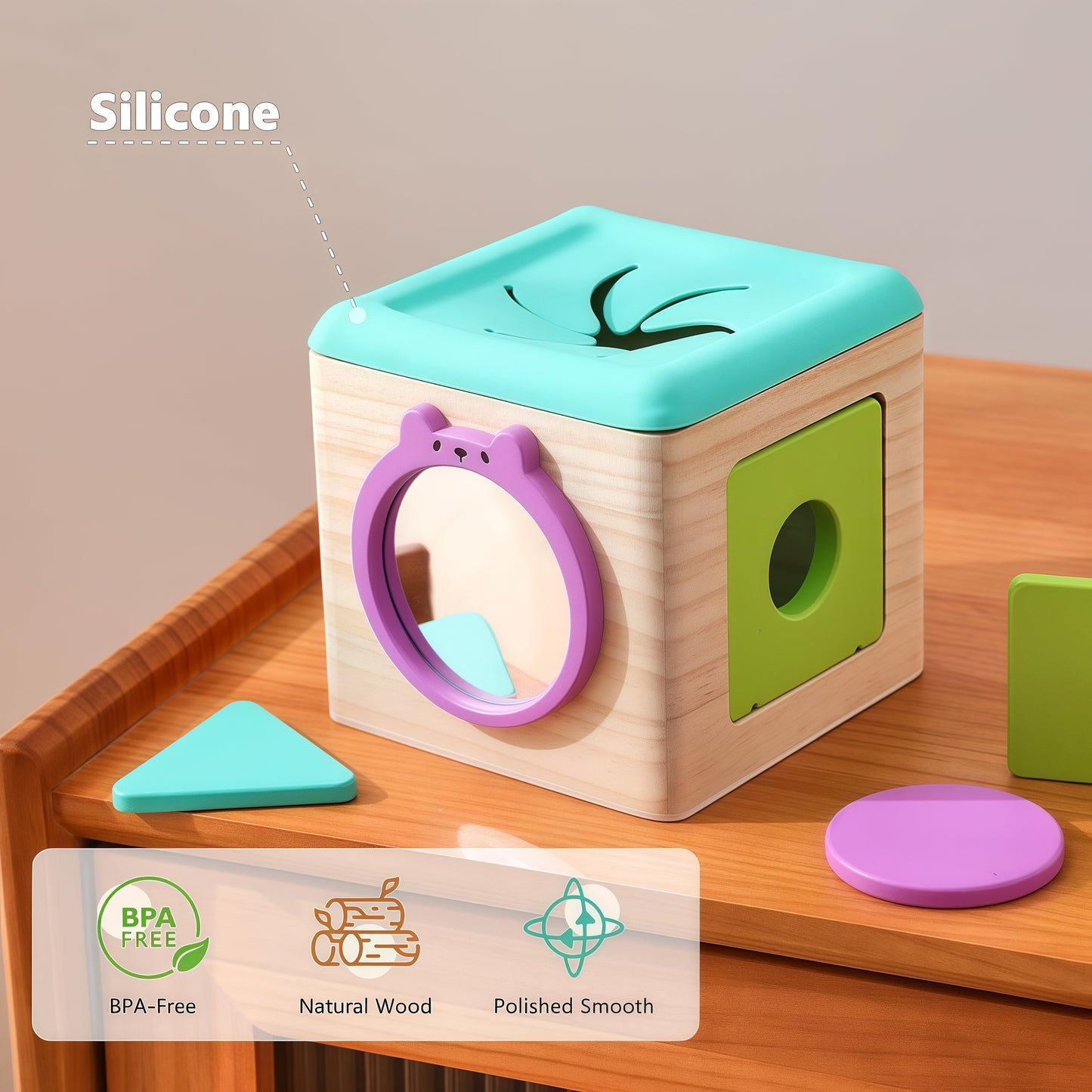 Wooden Baby Tissue Box Toy - 3 Shape Blocks & 8 Silk Paper