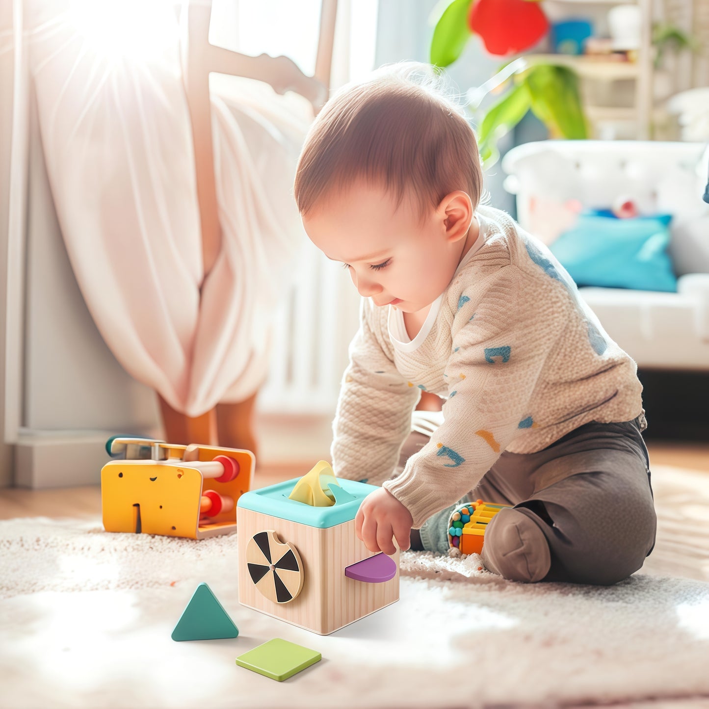 Wooden Baby Tissue Box Toy - 3 Shape Blocks & 8 Silk Paper