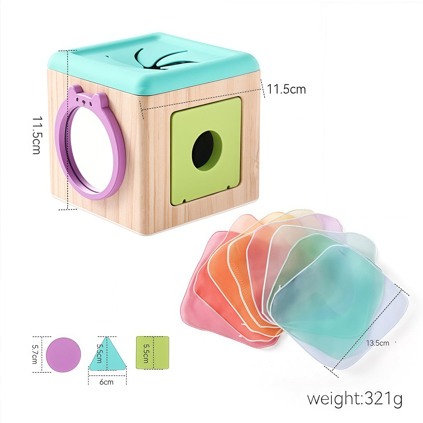 Wooden Baby Tissue Box Toy - 3 Shape Blocks & 8 Silk Paper