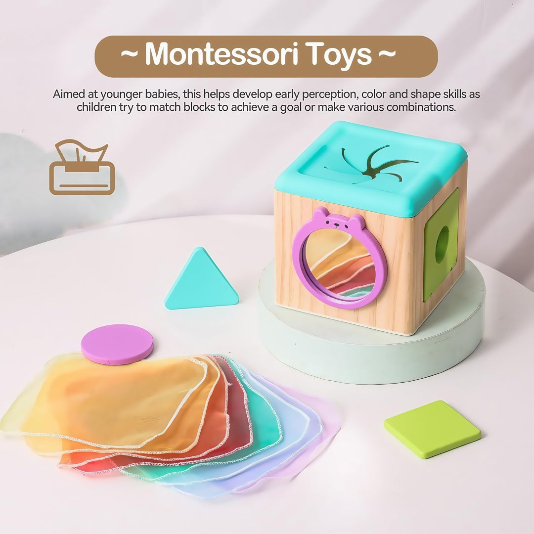 Wooden Baby Tissue Box Toy - 3 Shape Blocks & 8 Silk Paper
