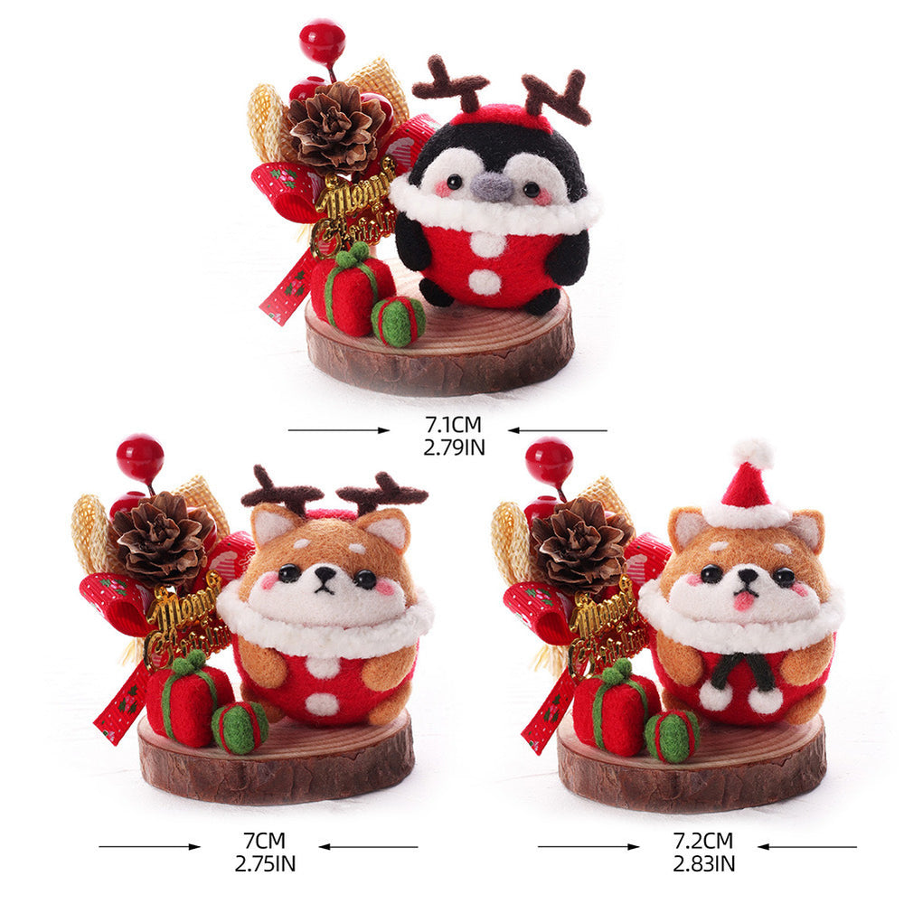 3-in-1 Christmas Needle Felting Kit for Beginners – Shiba Inu & Penguin Wooden Display Set