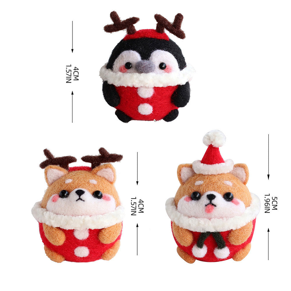 3-in-1 Christmas Needle Felting Kit for Beginners – Shiba Inu & Penguin Wooden Display Set