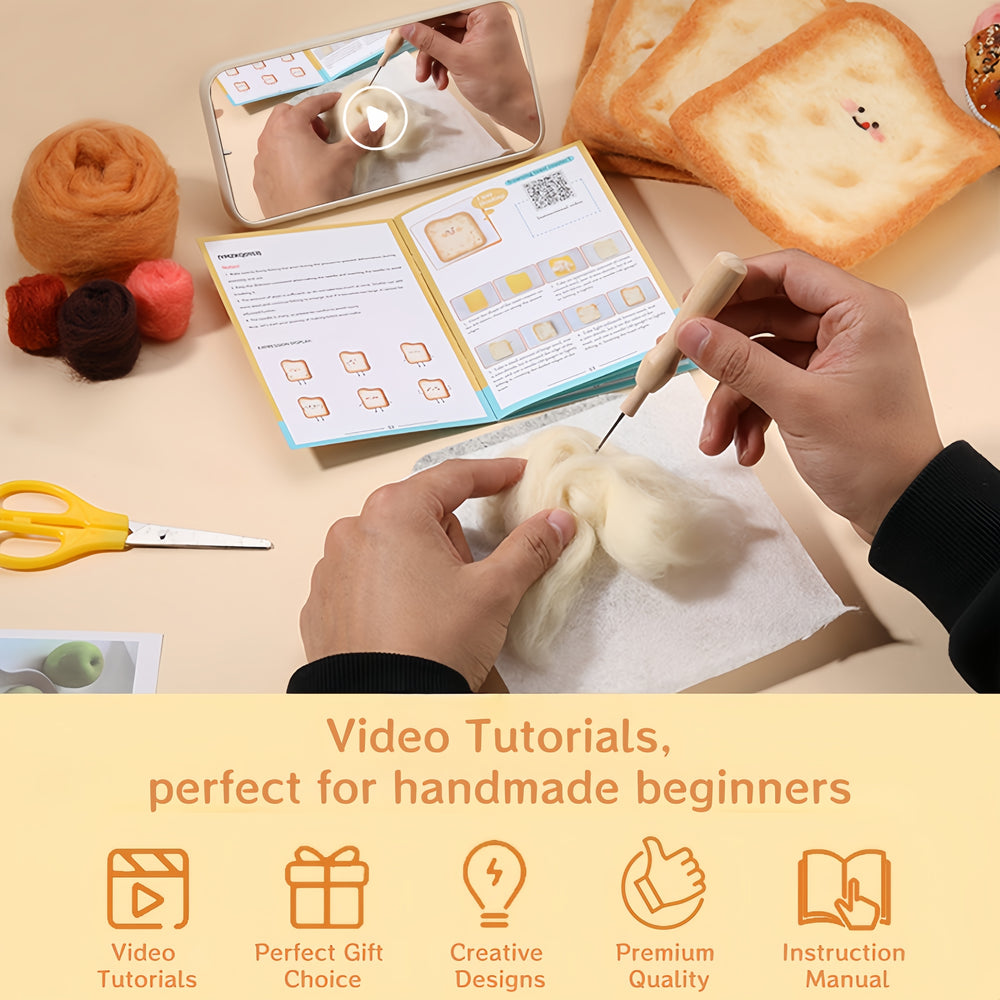 DIY Needle Felting Kit for Beginners - Cute Toast Coaster Wool Craft Food Cup Mat Set