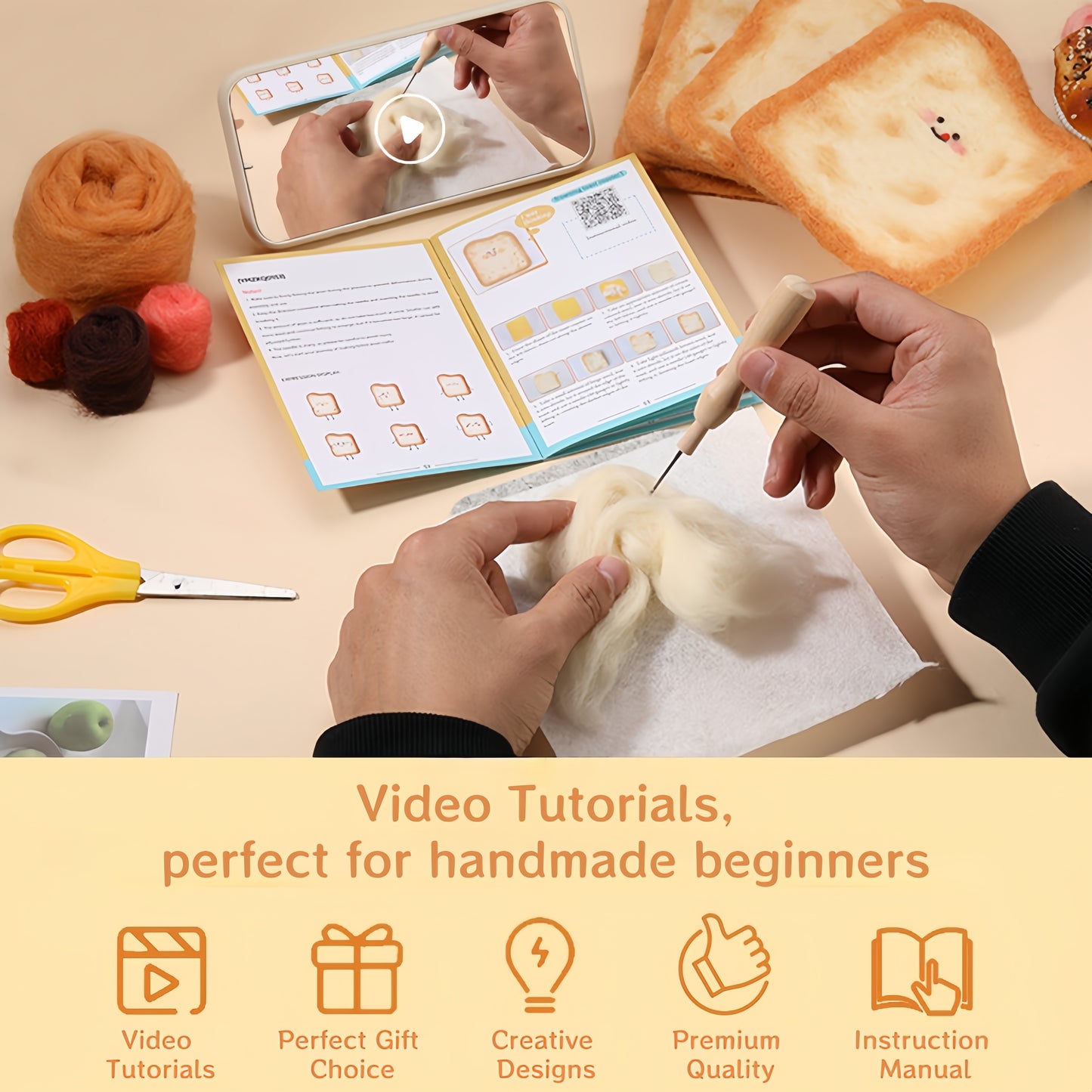 DIY Needle Felting Kit for Beginners - Cute Toast Coaster | Wool Craft Food Cup Mat Set