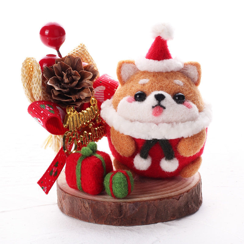 3-in-1 Christmas Needle Felting Kit for Beginners – Shiba Inu & Penguin Wooden Display Set