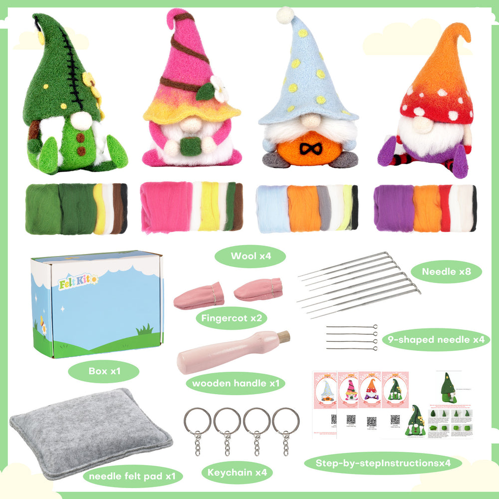 4-in-1 Christmas Gnome Needle Felting Kit for Beginners – DIY Holiday Craft Set(with Keychain）