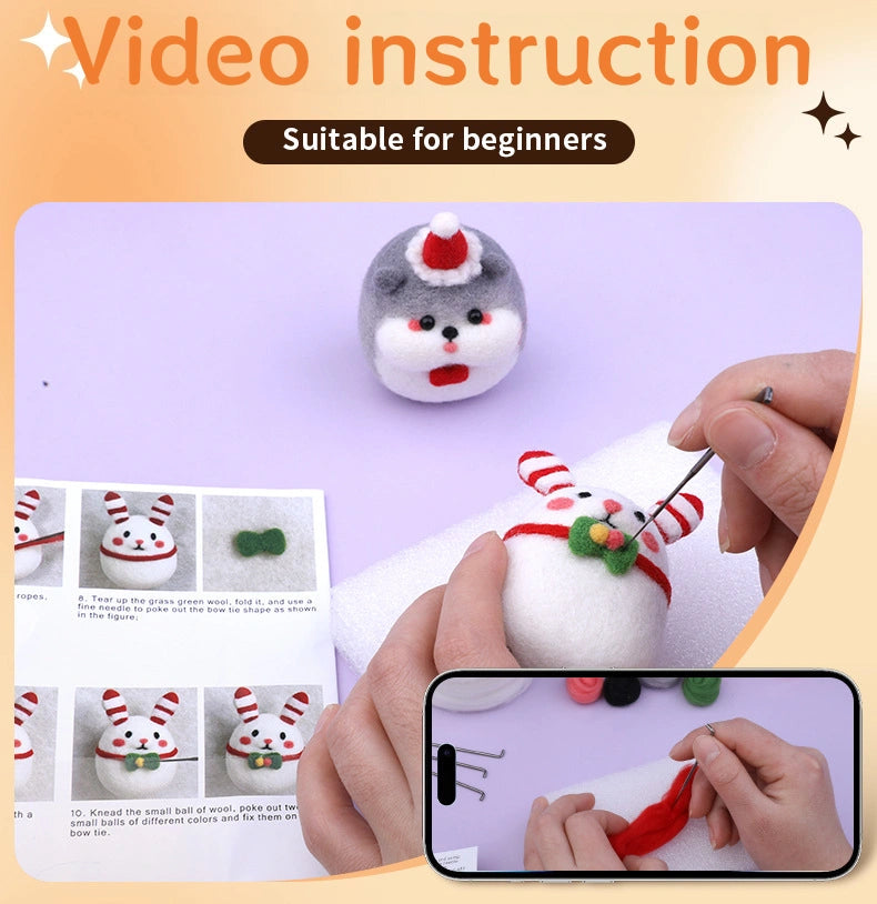 DIY Needle Felting Kit for Beginners – Cute Christmas Animals(with Keychain）