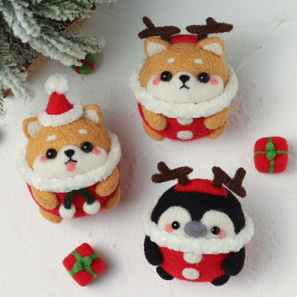 3-in-1 Christmas Needle Felting Kit for Beginners – Shiba Inu & Penguin Wooden Display Set