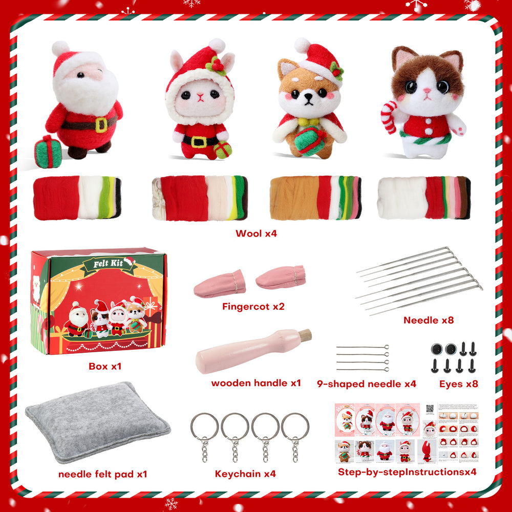 4-in-1 Christmas Needle Felting Kit for Beginners – Santa & Cute Animals(with Keychain）