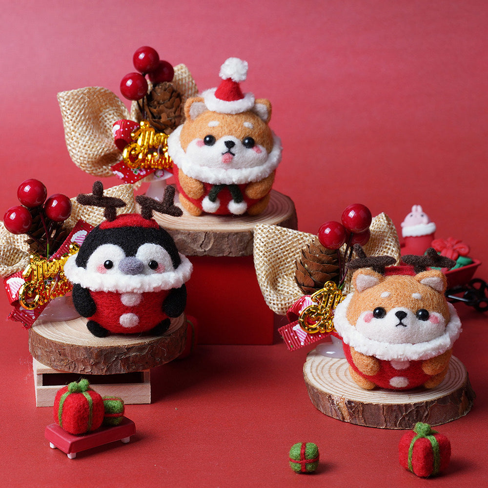 3-in-1 Christmas Needle Felting Kit for Beginners – Shiba Inu & Penguin Wooden Display Set