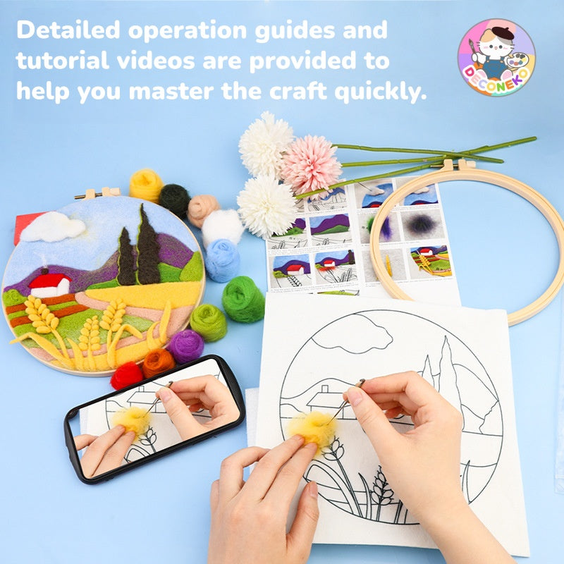 DIY Needle Felting Landscapes Kit for Beginners - Wool Hoop Art Set - Green Series