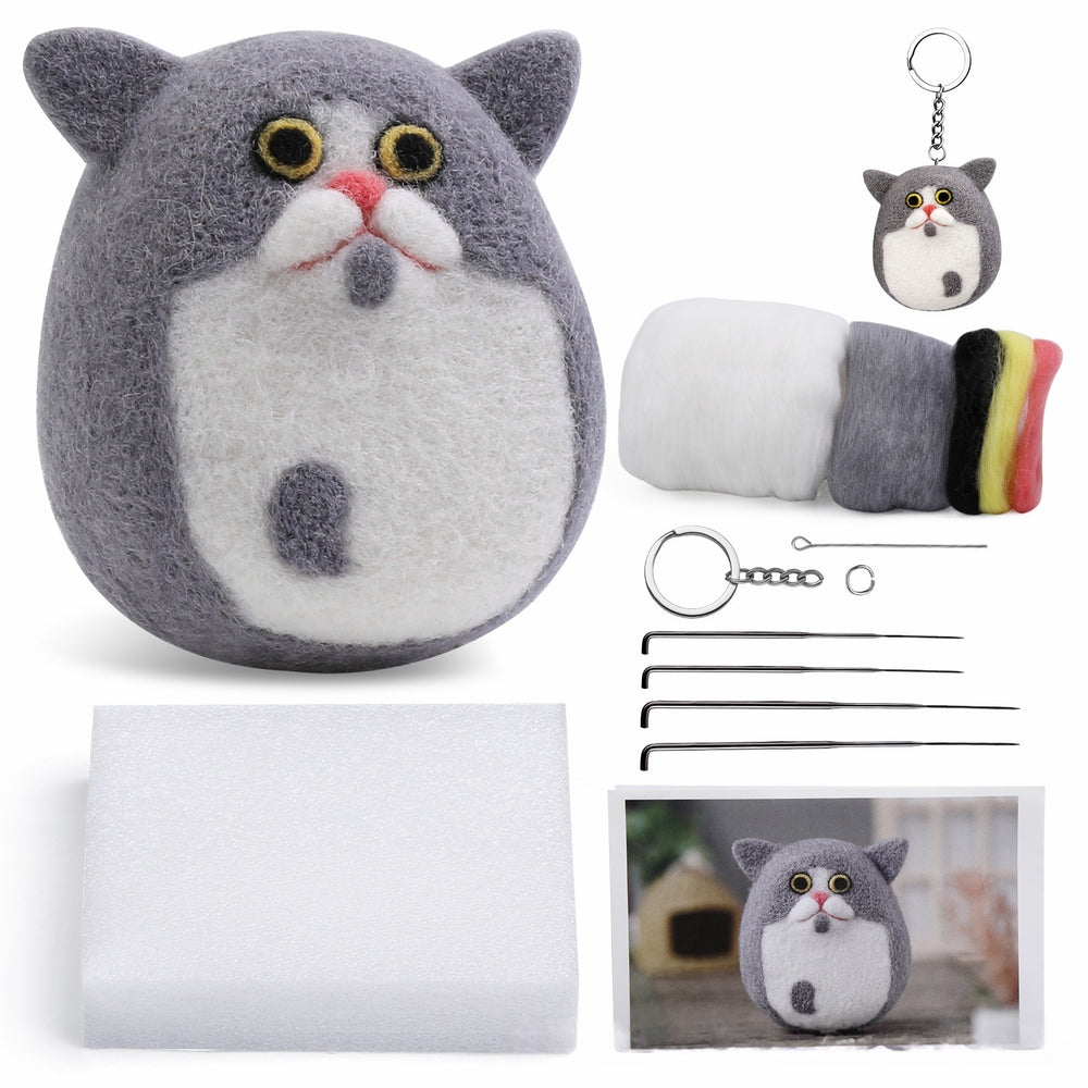 DIY Needle Felting Kit for Beginners - Cute Cat Keychain Set