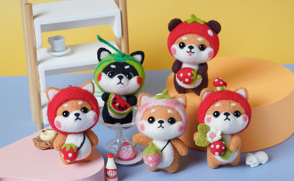 DIY Needle Felting Kit for Beginners - Cute Shiba Inu Costume Keychain Doll Set