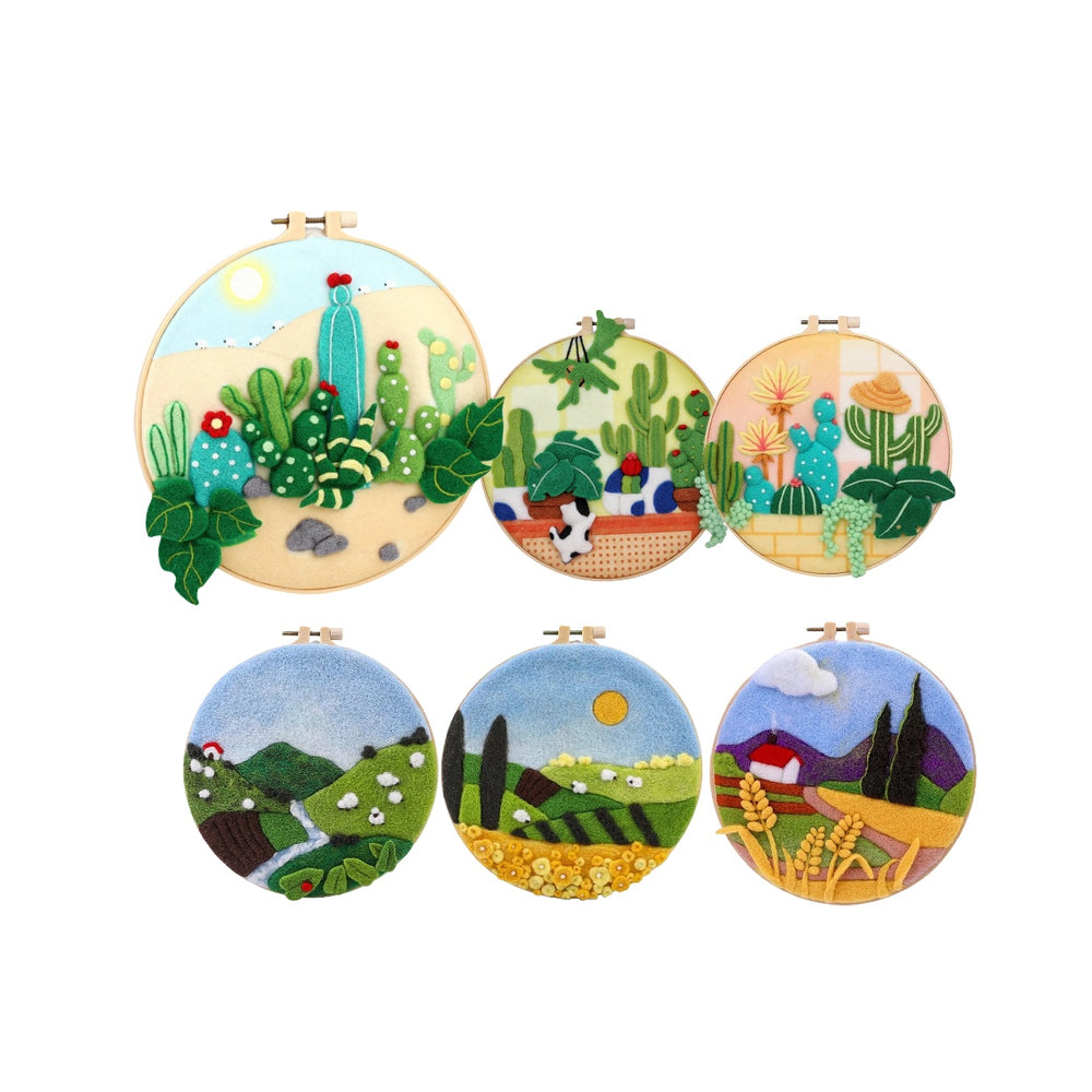DIY Needle Felting Landscapes Kit for Beginners - Wool Hoop Art Set - Green Series