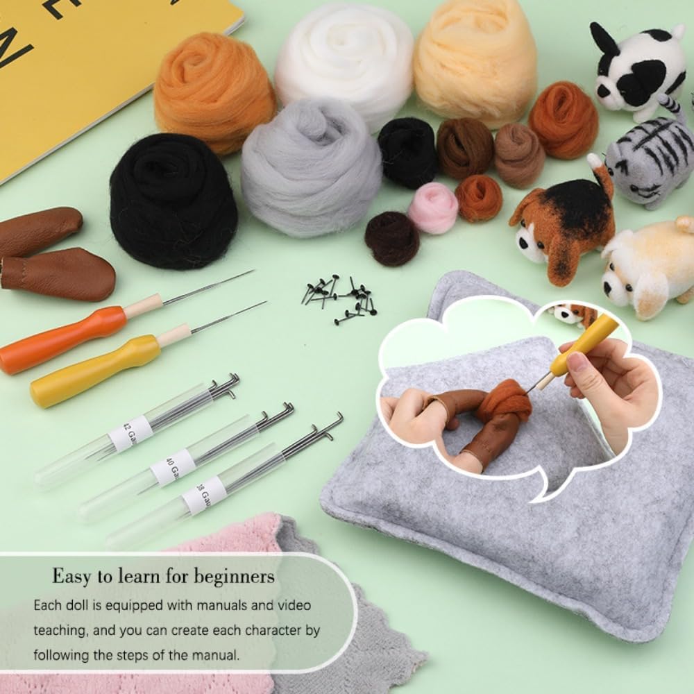 DIY Needle Felting Kit for Beginners - Cute Pet Animals - Wool Craft Dog & Cat Miniature