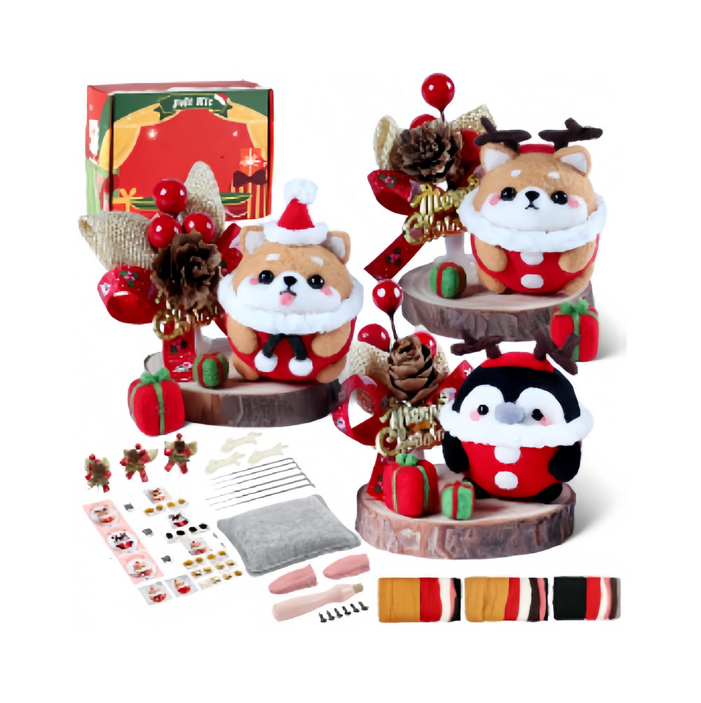 3-in-1 Christmas Needle Felting Kit for Beginners – Shiba Inu & Penguin Wooden Display Set