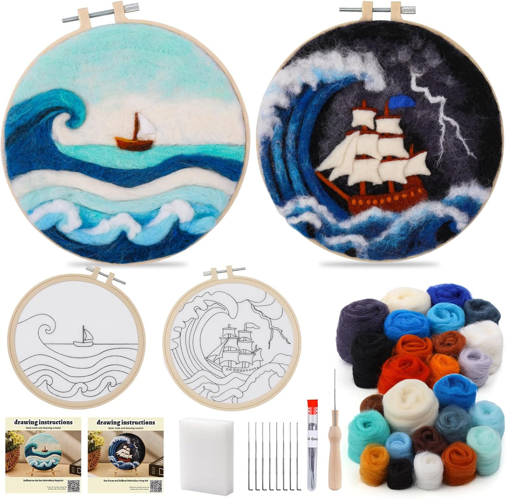 DIY Needle Felting Landscapes Kit for Beginners - Wool Hoop Art Set - Ocean Series