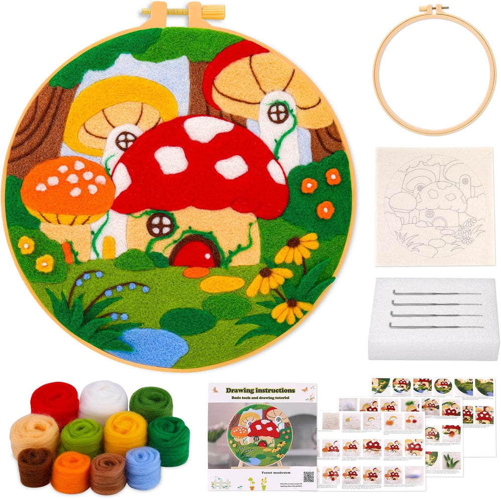 DIY Needle Felting Landscapes Kit for Beginners - Wool Hoop Art Set - Mushroom Series