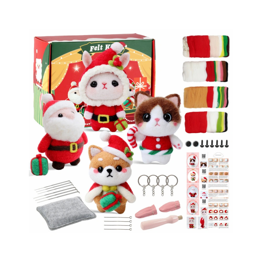 4-in-1 Christmas Needle Felting Kit for Beginners – Santa & Cute Animals(with Keychain）