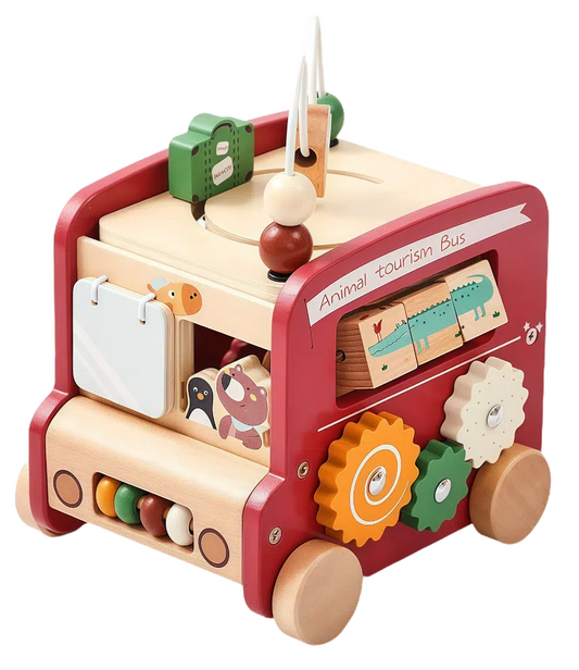 8-in-1 Wooden Activity Cube, Animal Tourism Bus Themed Montessori Toy for 18 Months+ Toddlers