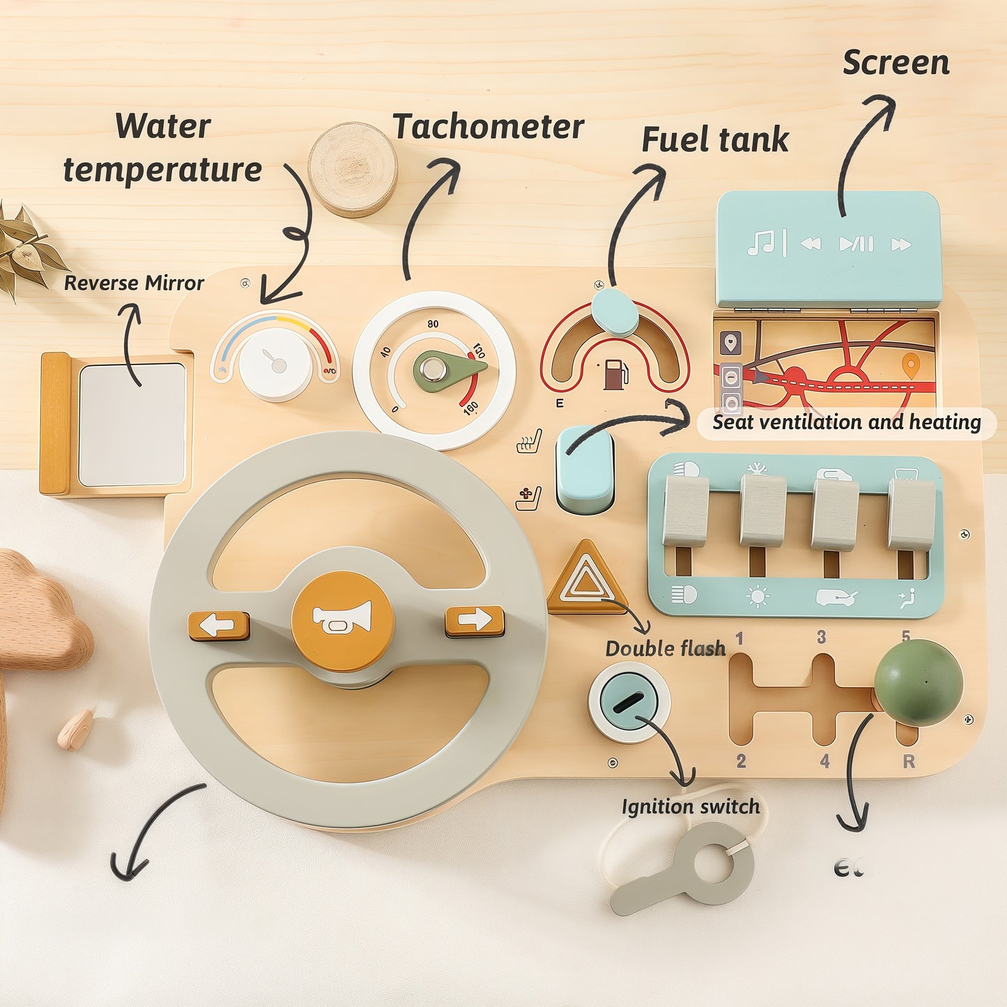 Wooden Montessori Steering Wheel Sensory Activity Board