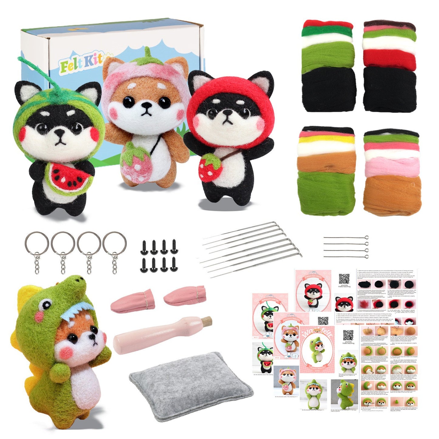 DIY Needle Felting Kit for Beginners - Cute Shiba Inu Costume Keychain Doll Set