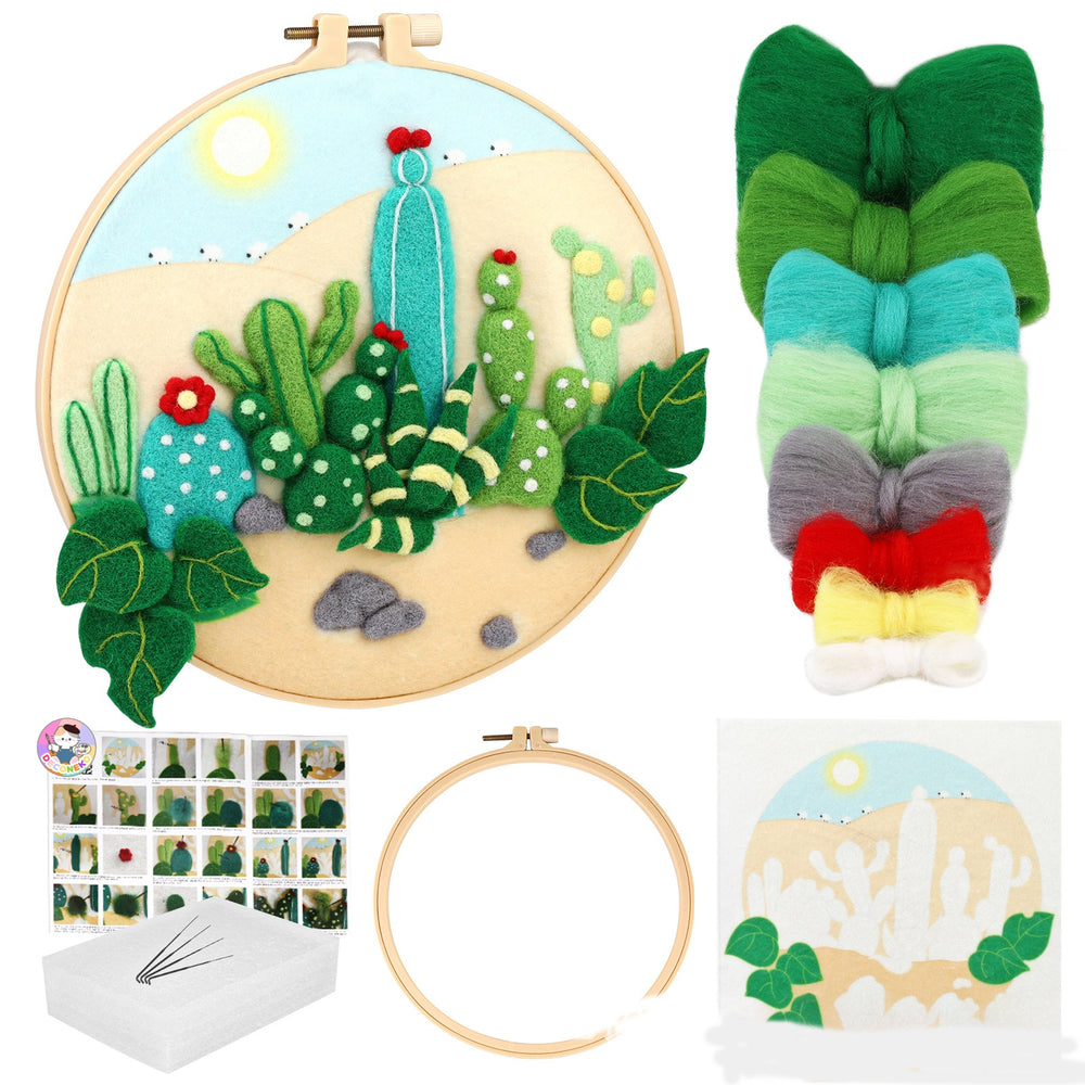 DIY Needle Felting Landscapes Kit for Beginners - Wool Hoop Art Set - Green Series